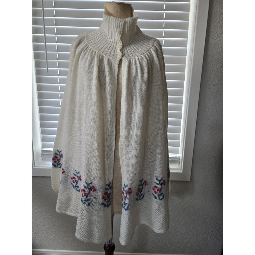 Vtg 70s Coruss Cream Knit Capelet Sweater Floral Long Sleeve Romantic Coquette